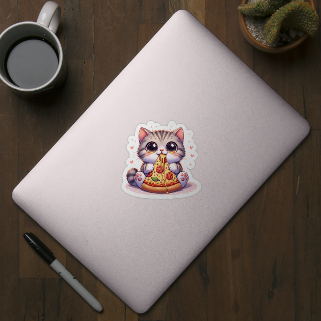 Kawaii Cat eating a slice of Pizza by logiamerch